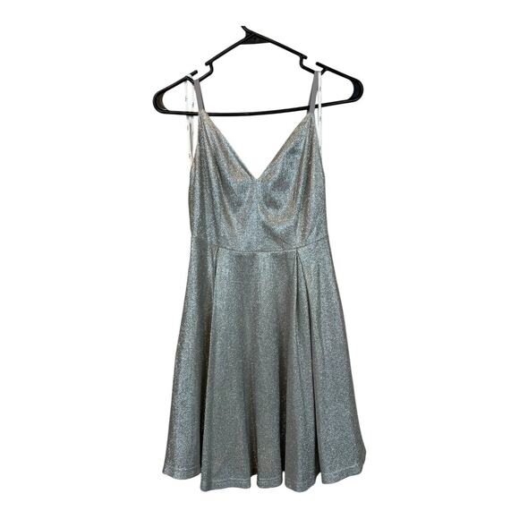 Lulus Lookout Weekend Sparkly Silver Skater Dress Small Metallic Fit & Flare - Picture 1 of 10